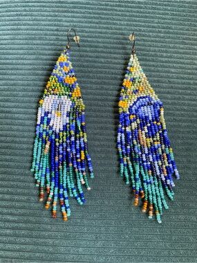 Handmade Multicolor Seed Bead Fringe Earrings — Blue & Turquoise Van Gogh Etsy